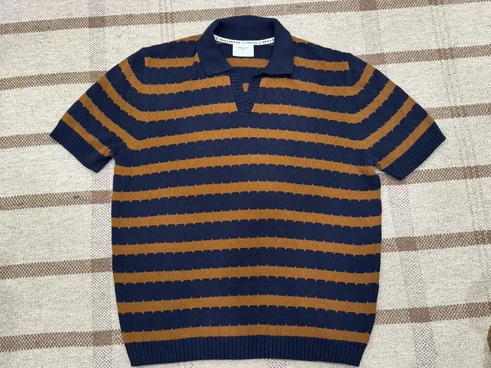 Percival Stine Knitted Polo Short Sleeve Sweater Shirt Men’s XL Navy Blue Tan